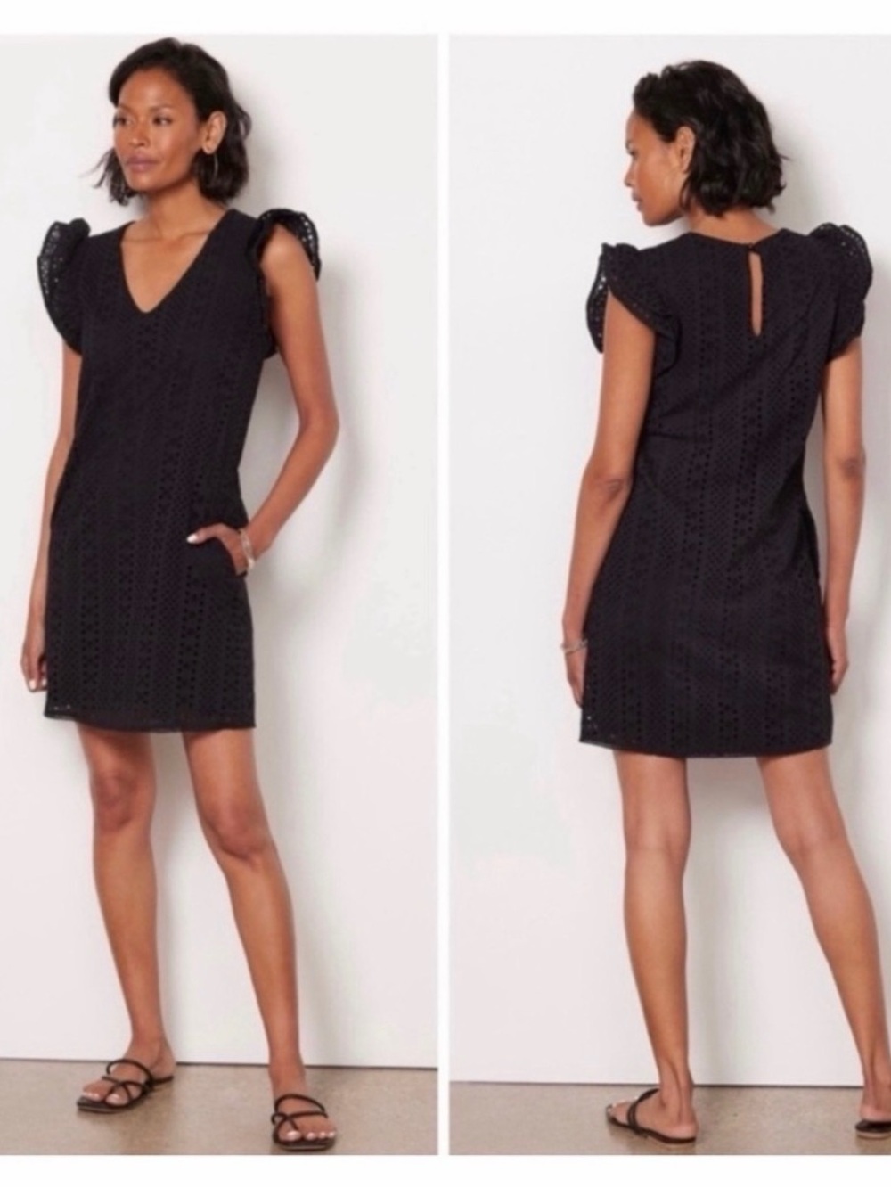 Evereve Tinsley Black Eyelet Ruffle Sleeve Dress Medium